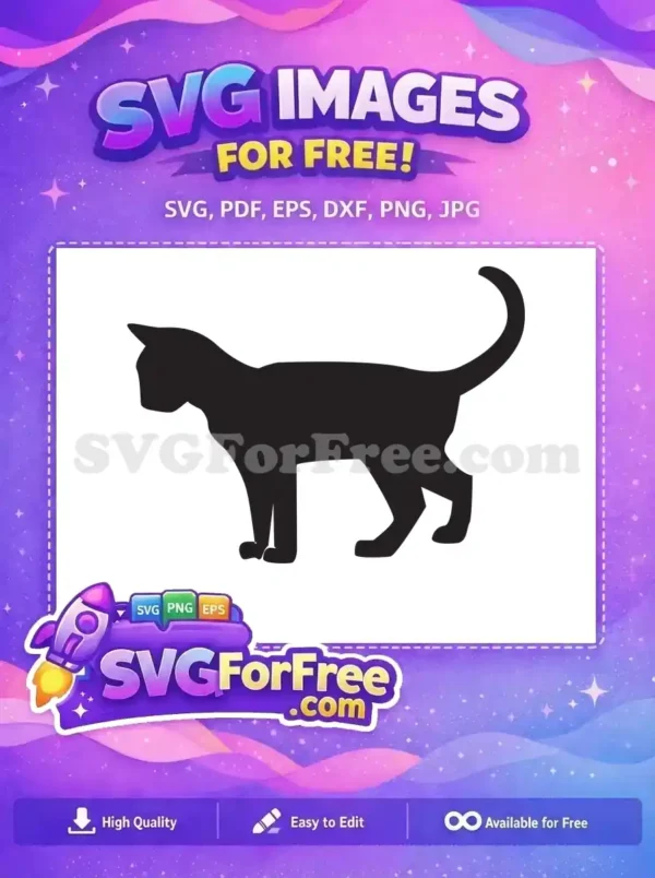 Free Elegant Black Cat Silhouette Design for Crafters A striking free black cat silhouette, standing poised, ideal for crafting and digital design projects. Download this free SVG now!