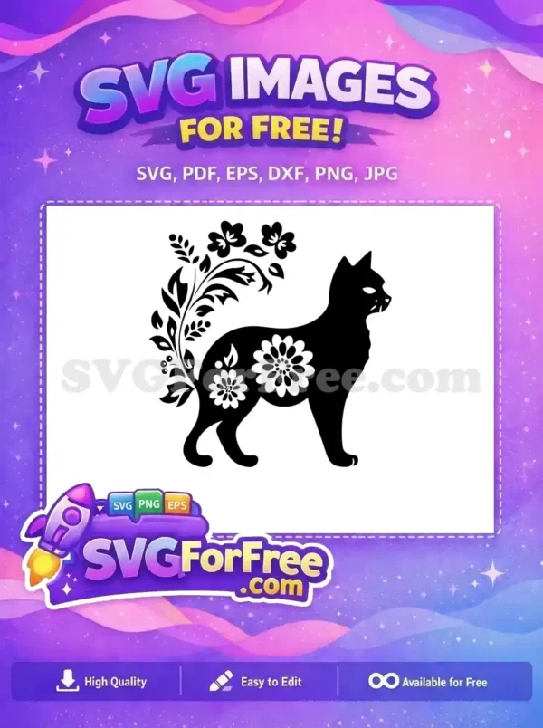 Free elegant black cat SVG with intricate floral patterns, ideal for unique crafting projects. A beautiful, free decorative animal design.