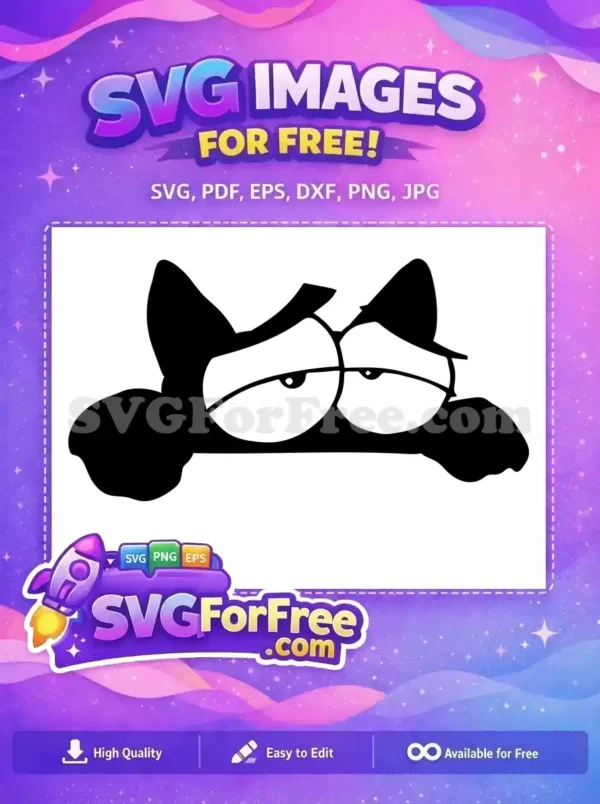 A free black and white vector of a sleepy or grumpy cartoon cat head peeking from below, with large eyes. Ideal for free craft projects.