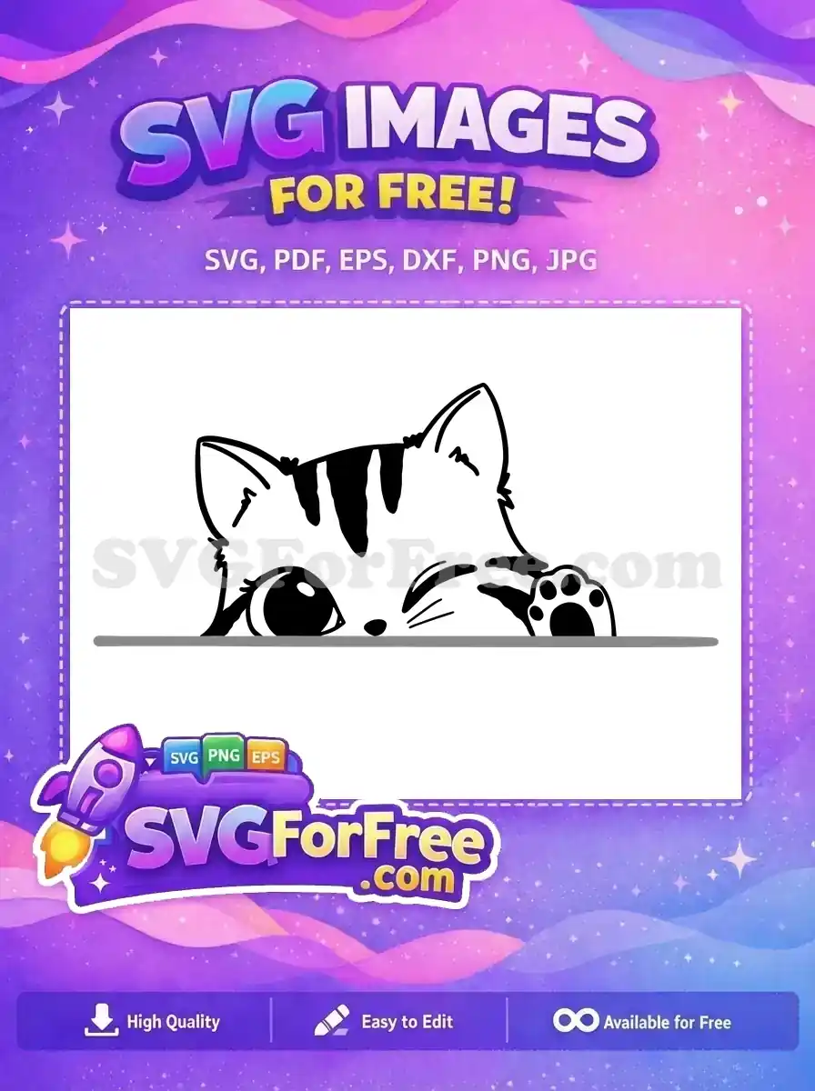 A charming free cartoon cat peeking over a ledge, with one eye winking, displaying a cute paw. An irresistible free design.