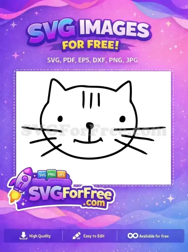 A charming free hand-drawn cat face SVG, featuring a simple outline and whiskers, ideal for various creative projects. Download this free design now!
