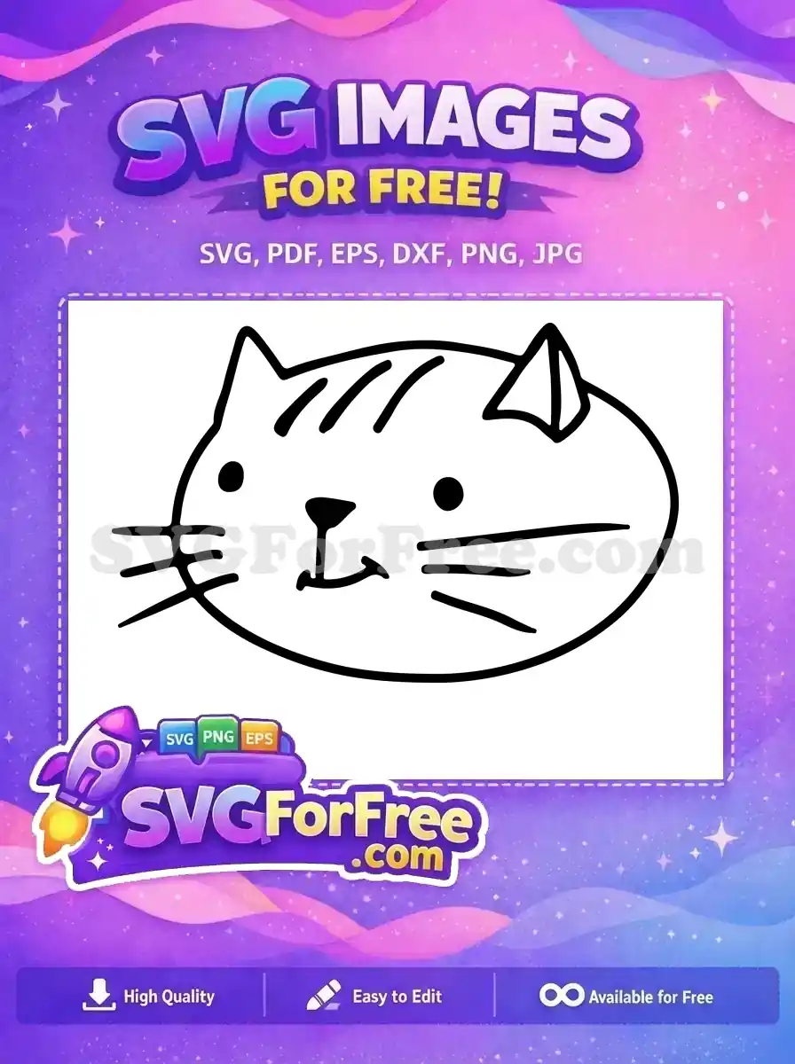A free simple black outline drawing of a cute, cartoon cat head with whiskers and a friendly smile. Perfect free vector for crafts.