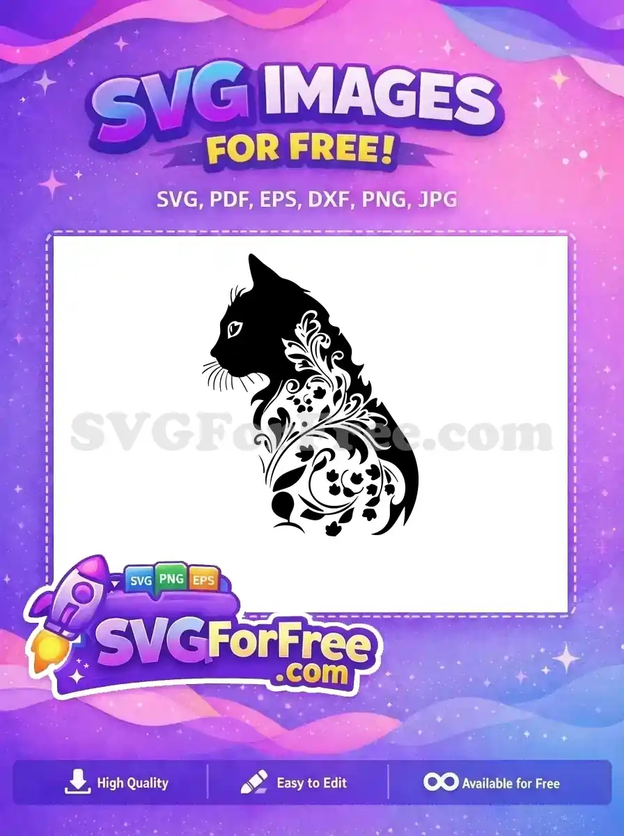 An elegant free cat silhouette SVG adorned with intricate floral patterns, ideal for diverse creative projects. Free design.