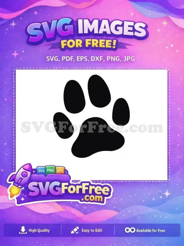A simple, bold black paw print, ideal for free animal-themed projects. This free design is perfect for crafts and decor.