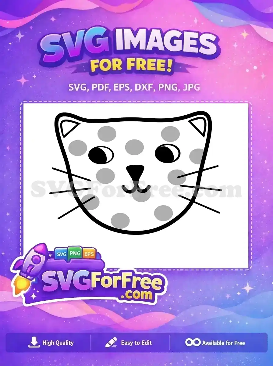 Free cute cat face outline with polka dots and whiskers, a playful free SVG for crafts and digital use. Download now!
