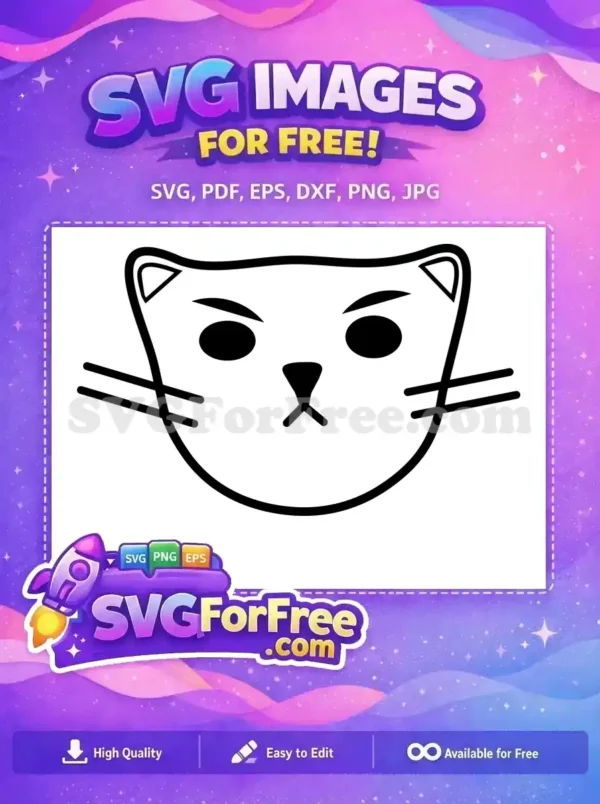A free angry black and white cat face SVG design with furrowed brows and whiskers, ideal for free crafting projects.