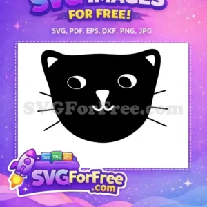 A minimalist free black cat face SVG with white eyes, nose, and whiskers for easy crafting projects. Free design!