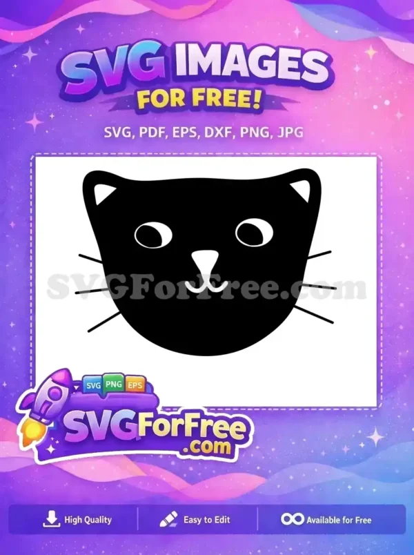 A minimalist free black cat face SVG with white eyes, nose, and whiskers for easy crafting projects. Free design!