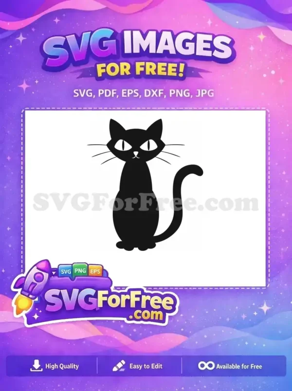 A sleek, free black cat silhouette with intense eyes and whiskers, ideal for Halloween or pet-themed free designs.