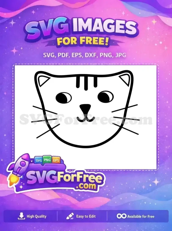 A simple, charming free cat face SVG design with bold outlines, perfect for crafters and animal lovers. Easily customizable.