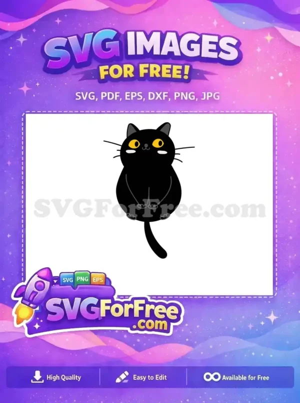 A charming free black cat SVG illustration with vibrant yellow eyes, sitting playfully, ready for your creative projects.