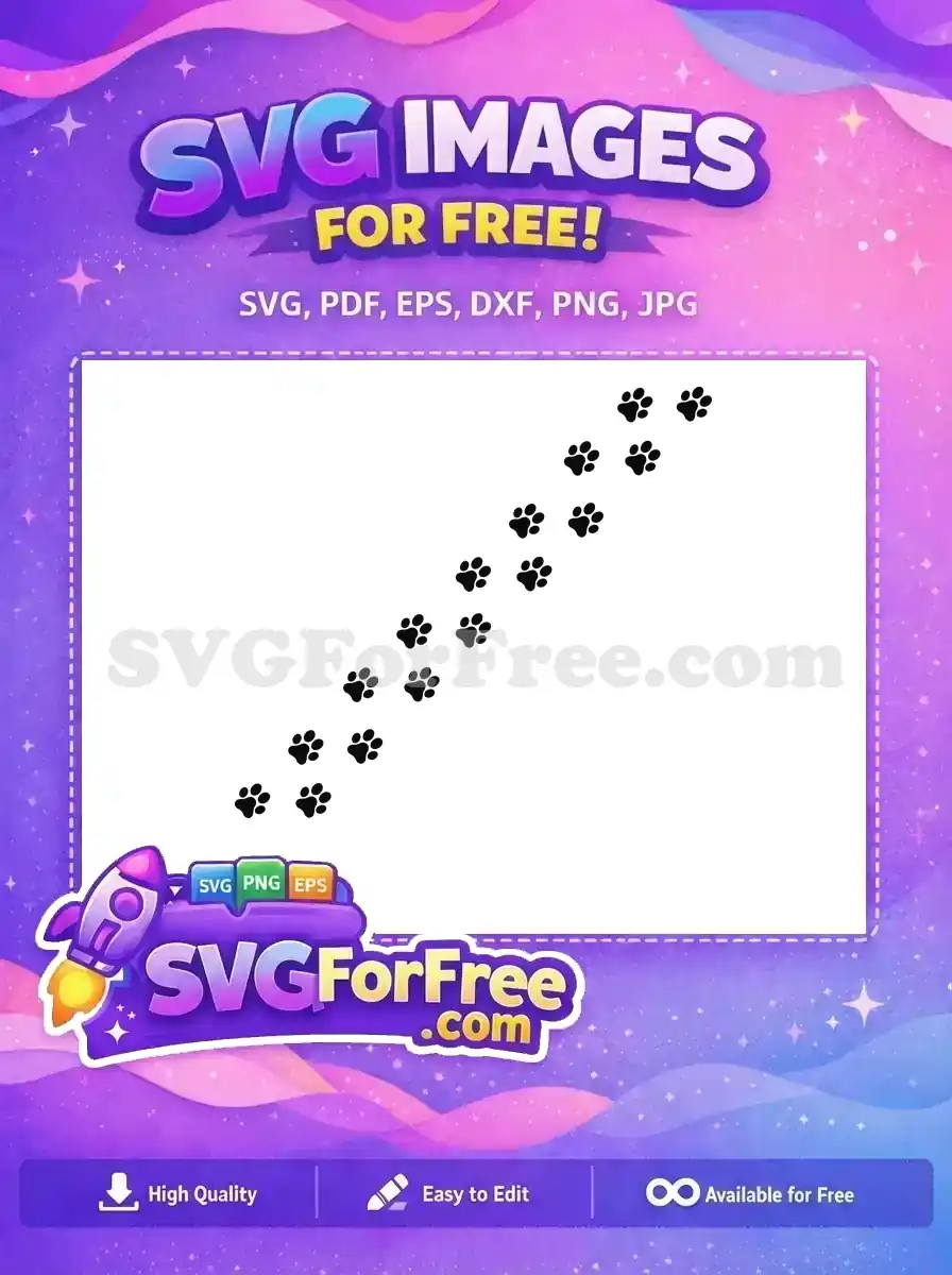 Free vector paw prints, a delightful diagonal trail of black animal footprints on a white background. Free design.