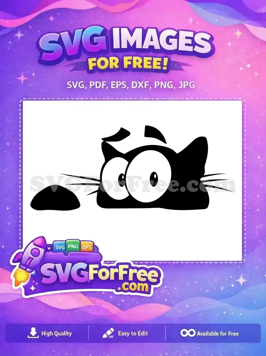 A free SVG of a surprised black cartoon cat face with wide eyes and whiskers, a charming free animal design.