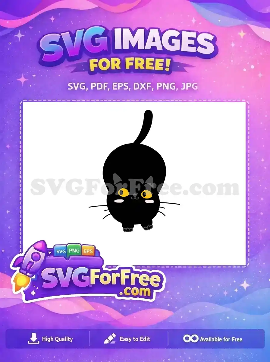 A delightful free black cat SVG design, showcasing a cute feline with striking yellow eyes and an expressive pose. Ideal for various creative projects.