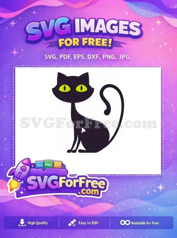 Mysterious Free Black Cat Design with Glowing Green Eyes A stylized free design of a black cat with vivid green eyes, sitting elegantly, offering a touch of mystery. Perfect free SVG for Halloween.