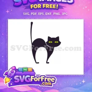 A free design of a mysterious black cat with bright green eyes, arched back, and tail up, ready for Halloween projects. Free download.