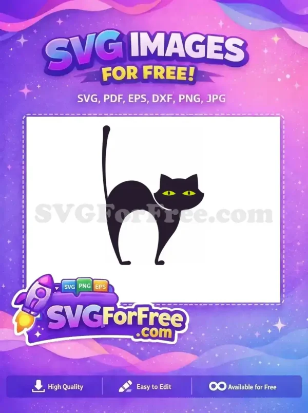 A free design of a mysterious black cat with bright green eyes, arched back, and tail up, ready for Halloween projects. Free download.