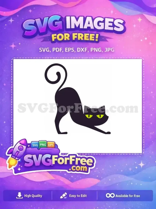 A free design featuring a sleek black cat stretching with vibrant glowing green eyes and a curled tail, ideal for a free Halloween project.