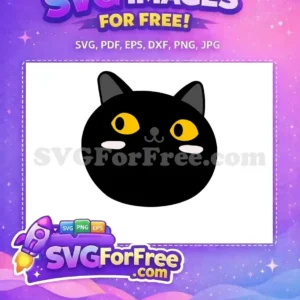 Free Cute Black Cat Face SVG – Adorable Free Design! A charming free SVG of a black cat's head, featuring bright yellow eyes and subtle pink cheeks. This free design is purr-fect for any project.
