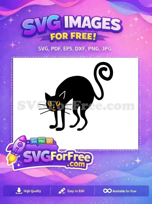 Free Spooky Black Cat SVG – Perfect for Halloween Crafts A captivating free black cat design with glowing orange eyes and an arched back, ideal for various creative projects.