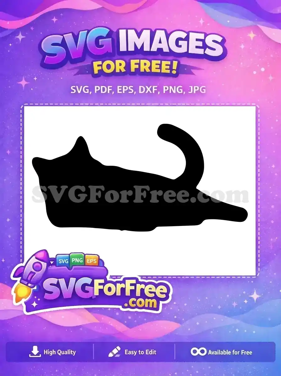 A graceful free cat silhouette design, lying down with a curled tail, ideal for various creative projects. Free to download.