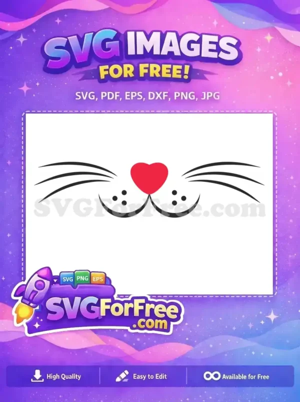 Free SVG of a cute animal face with a red heart nose and elegant black whiskers. This free design is ideal for crafts.