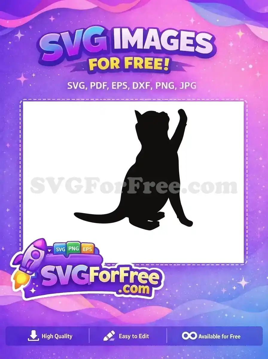 A free minimalist black cat silhouette, sitting with one paw playfully raised, ideal for various creative projects.