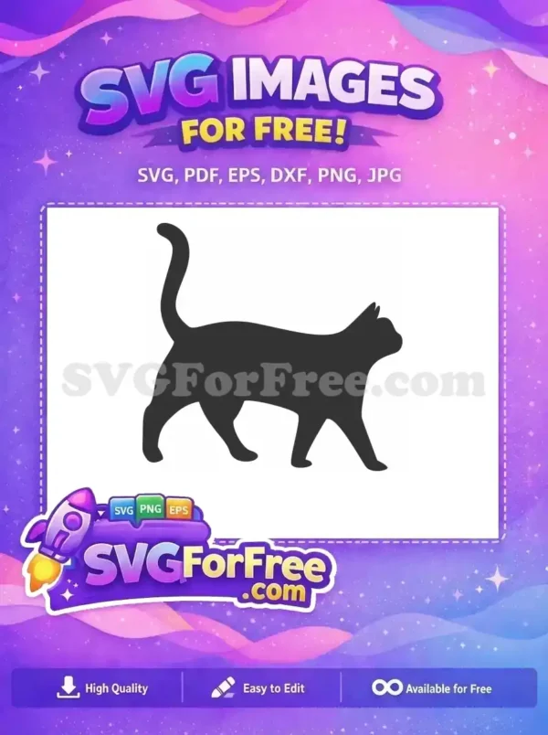 A dark grey cat silhouette, captured in a graceful walking pose, offered as a free design for your projects.