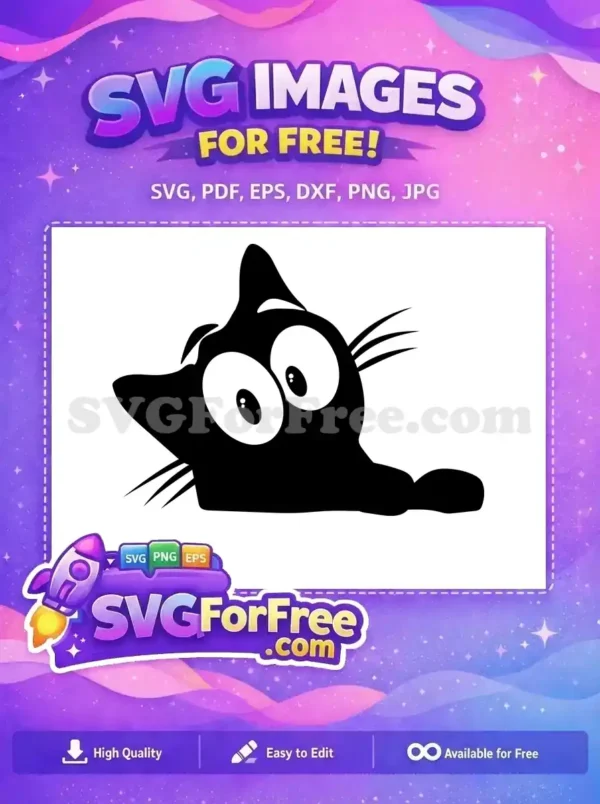 Free cartoon black cat SVG with wide, surprised eyes, perfect for playful graphics, crafts, and apparel.