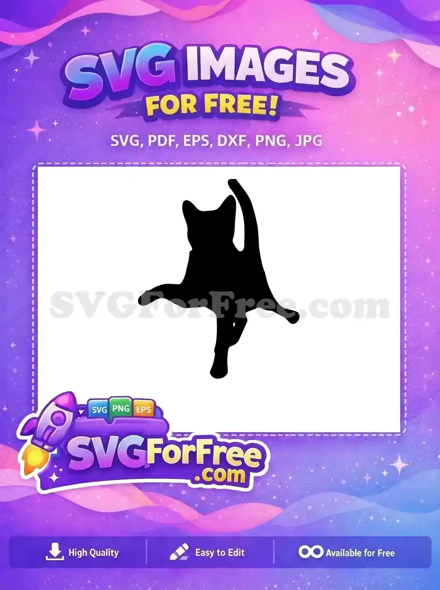 Dynamic black cat silhouette, a free SVG design, captured in a playful or stretching pose, head looking up.