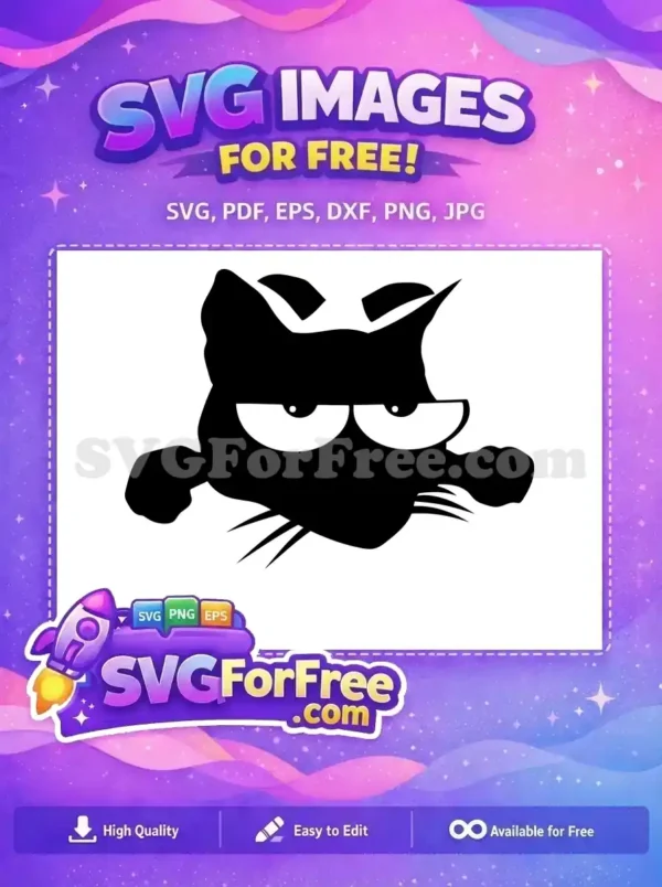 Mischievous Free Black Cat SVG Design: Grumpy Peek A free design featuring a bold black cartoon cat head peeking, with large white eyes displaying a grumpy yet cute expression. This free SVG is ready for your creative projects.