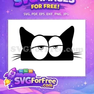 Free Sleepy Cat Face SVG – Adorable & Ready to Download! A free black cat head SVG design with large, half-closed, tired eyes and whiskers. A cute, free, lazy feline vector.