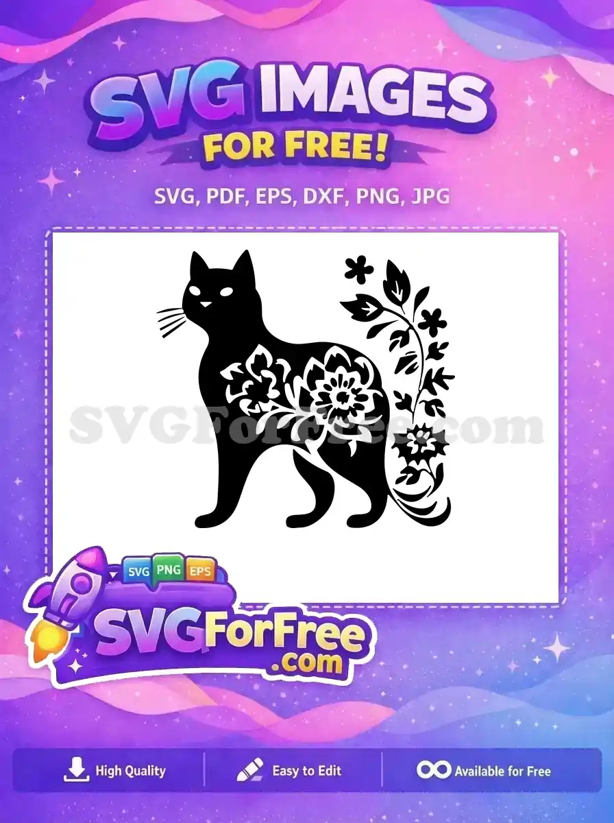 A captivating free floral cat silhouette, beautifully adorned with intricate botanical patterns, offering a charming free design for various crafts.