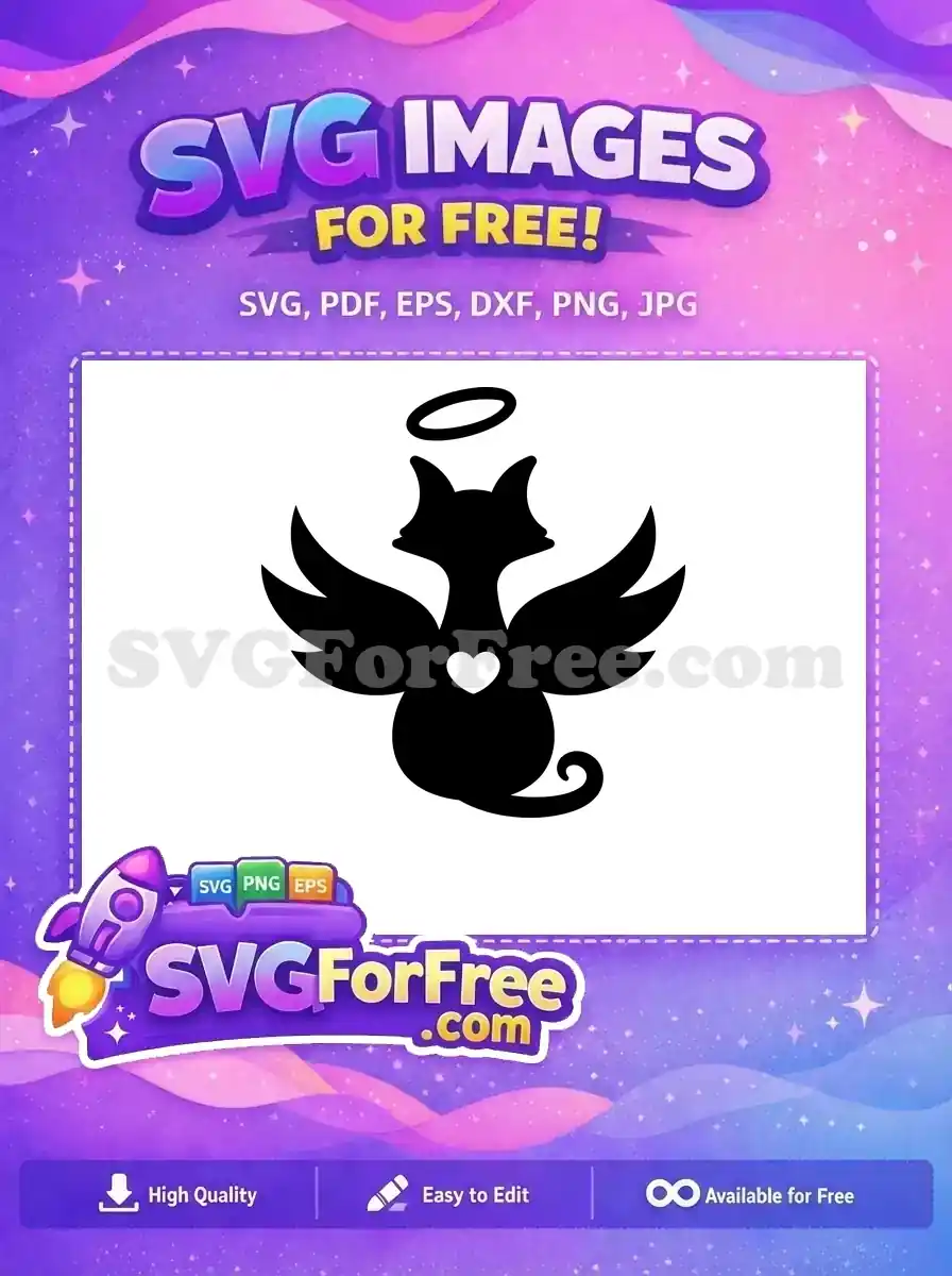 A captivating free angelic black cat silhouette with wings, a halo, and a heart, ideal for free pet memorial crafts.
