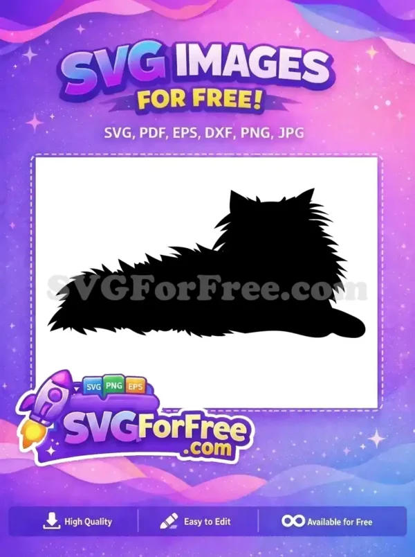 A free fluffy animal silhouette, possibly a dog or cat, lying down, showcasing its detailed fur texture. Download this free design now!