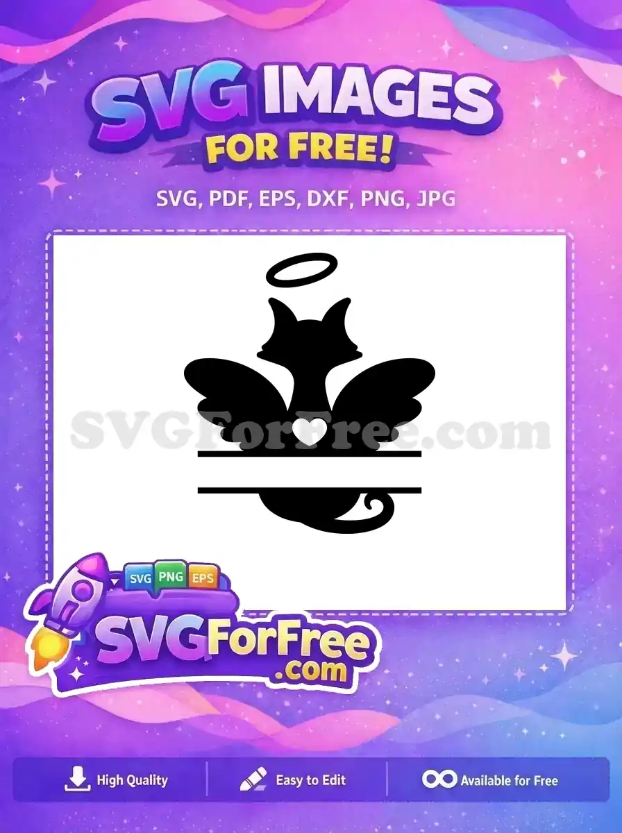 Free angelic cat/fox silhouette with wings, halo, heart, and split monogram space. A charming free design for crafters.
