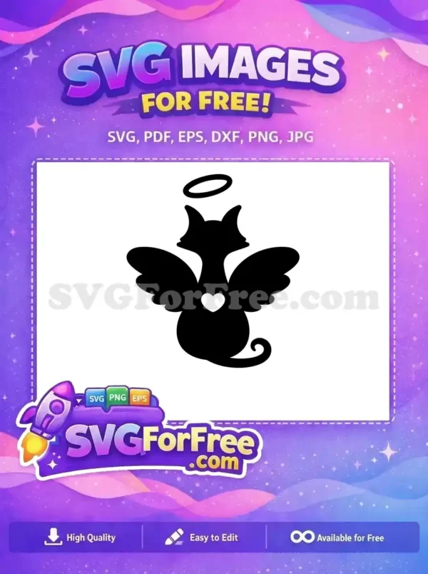 A free black silhouette of a sweet angel cat with wings, a halo, and a heart, ideal for pet remembrance. This free design is versatile.