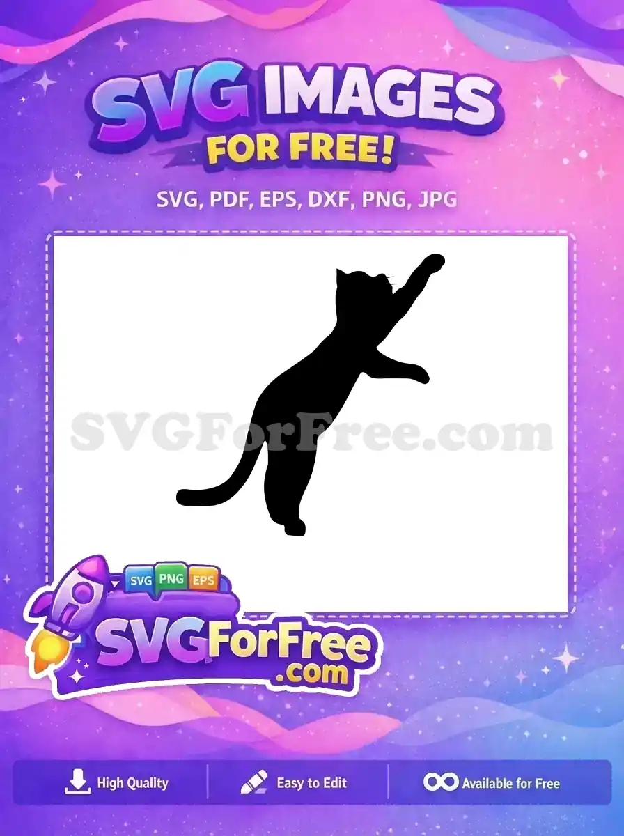 Free playful cat silhouette SVG, black feline reaching up, ideal for crafting and digital designs. Get this free vector now!