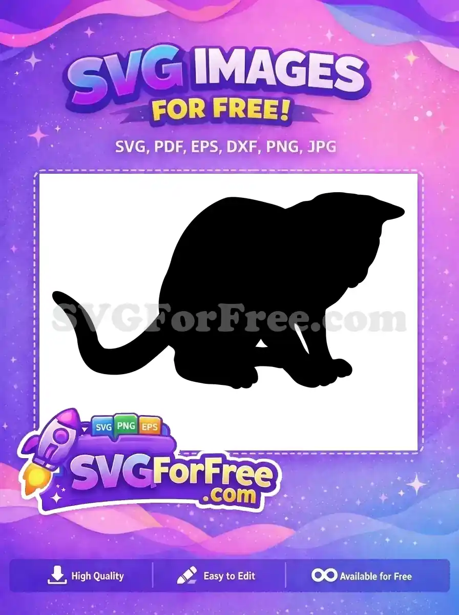 A free design featuring a sleek black cat silhouette, sitting gracefully. Ideal for diverse creative projects and crafts.
