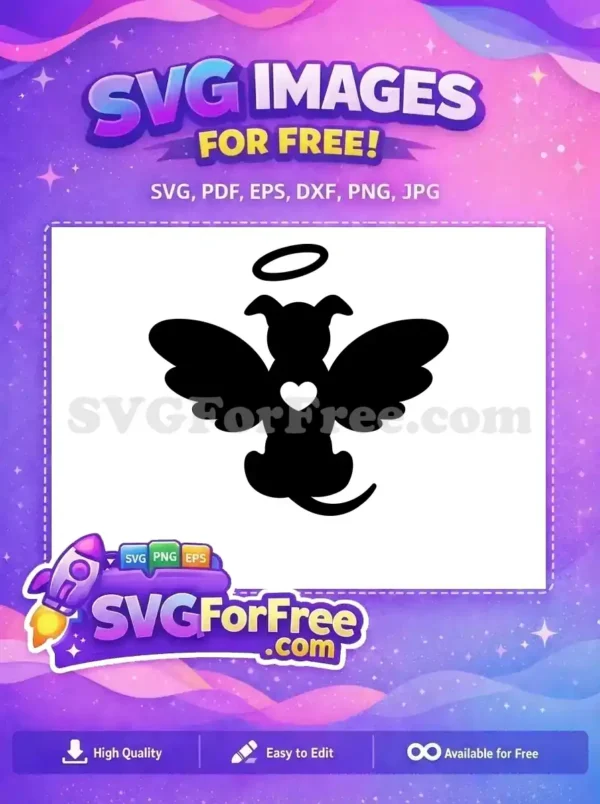 A black silhouette of an angelic dog with wings, a halo, and a white heart, a free design for pet remembrance. Download this free SVG.