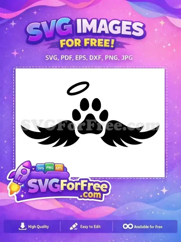 A free design featuring a black paw print with a halo, symbolizing a beloved angel pet, set against a split black and white background. A free pet memorial SVG.