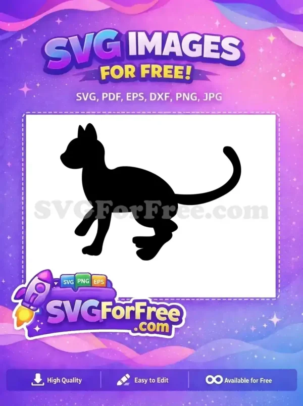 Free Cat Silhouette SVG – Playful Feline Design A free sleek black cat silhouette, walking with its tail raised, ideal for diverse design projects. Download this free vector now!