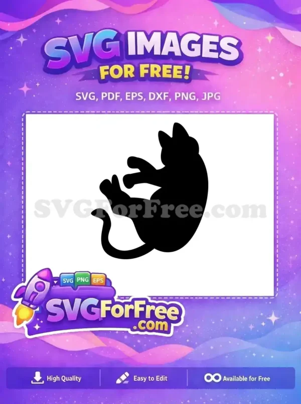 A free SVG of a playful cat silhouette, curled up on its back, ideal for various free craft and design projects.