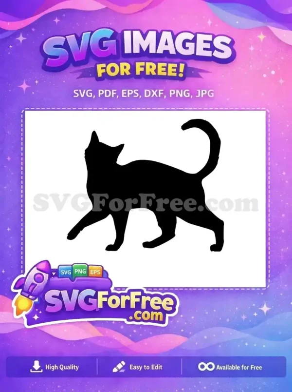A sleek, free walking cat silhouette SVG, ideal for crafters and designers. This free design offers elegant feline grace for any project.