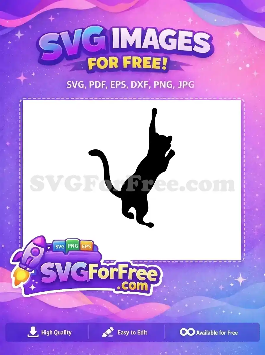 A delightful free SVG of a black cat silhouette, standing on hind legs with one paw playfully raised, ready for your creative projects.
