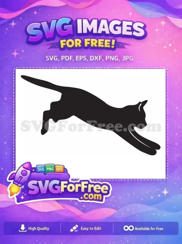 Dynamic Free Cat Silhouette SVG – Jump into Creativity! A captivating free black silhouette of a cat in mid-jump or pounce, showcasing its elegant, dynamic form. Ideal for free creative projects.