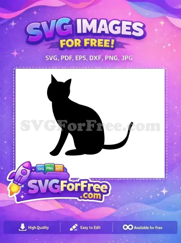 Free Cat Silhouette SVG – Elegant Feline Design for Crafts A sleek, free black cat silhouette design, perfect for various creative uses. This free SVG offers simple elegance.