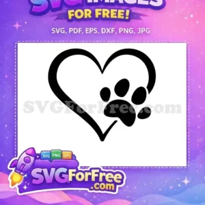 A free design featuring a black outline heart embracing a matching paw print, symbolizing pet love. Download free SVG.