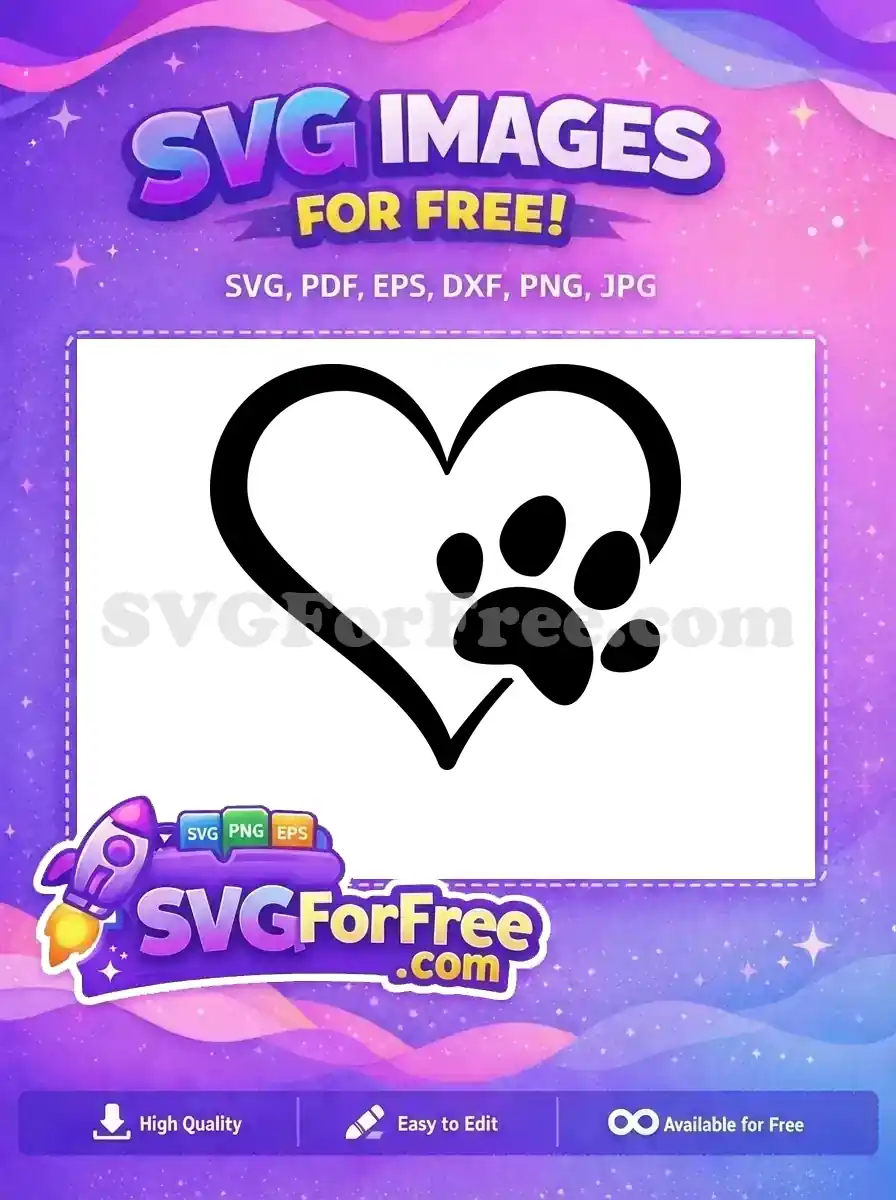 A free design featuring a black outline heart embracing a matching paw print, symbolizing pet love. Download free SVG.