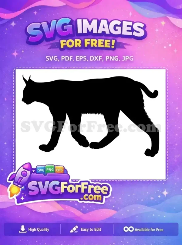 A free bold black silhouette of a lynx or bobcat walking, ideal for various free design projects and crafts.
